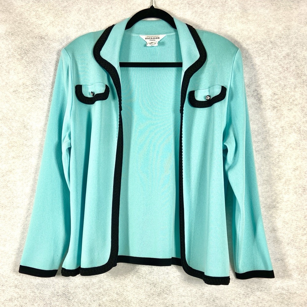 Exclusively Misook Sweater Women's Petite XLP Blue Black Open Cardigan Classic